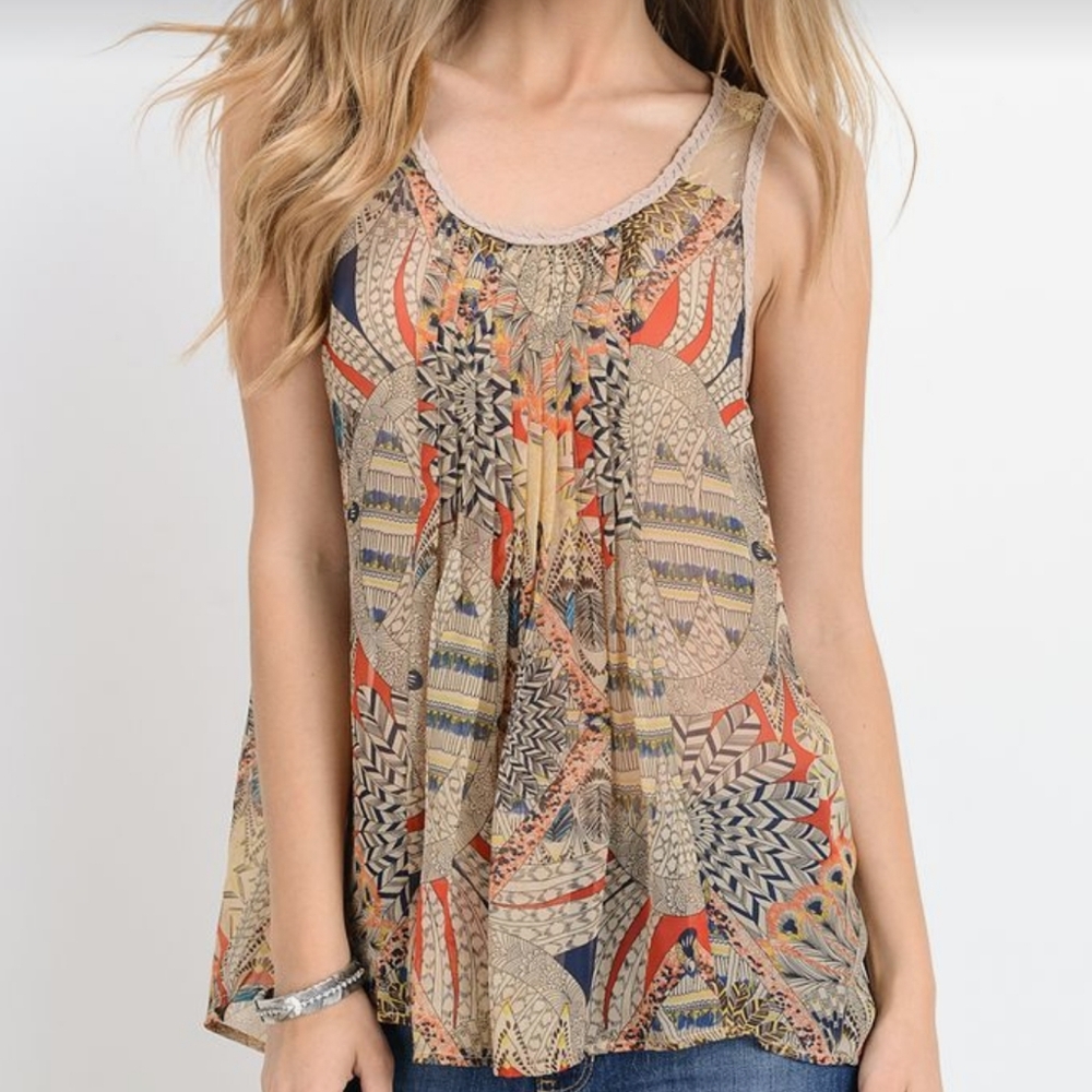 Modcloth Doe & Rae Taupe Abstract Patchwork Braid Back High Low Tank Size Large